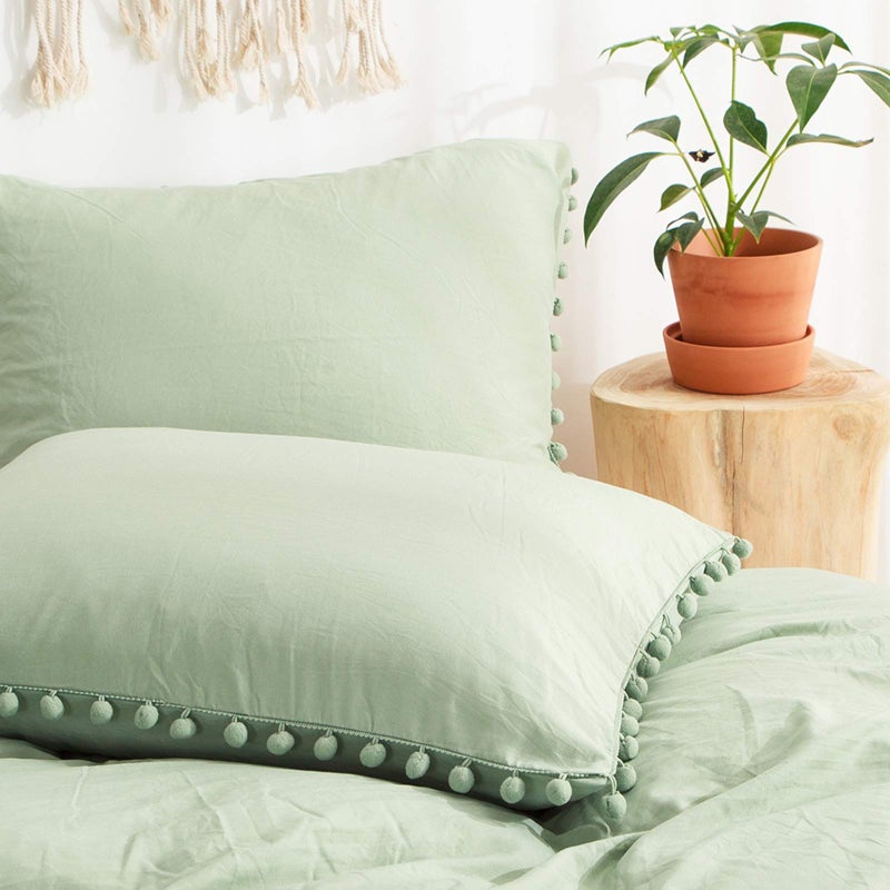 MOVE OVER Sage Green Pom Poms Pillowcases, Green Standard Pillow Cases Set of 2, 100% Washed Microfiber, Dark Sea Green Ball Fringe Pillow Cover, 2 Pack (Queen, Sage Green) - Image 3